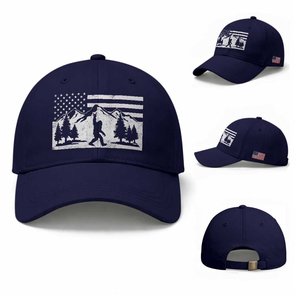 Patriotic Bigfoot American Flag in Forest Baseball Cap