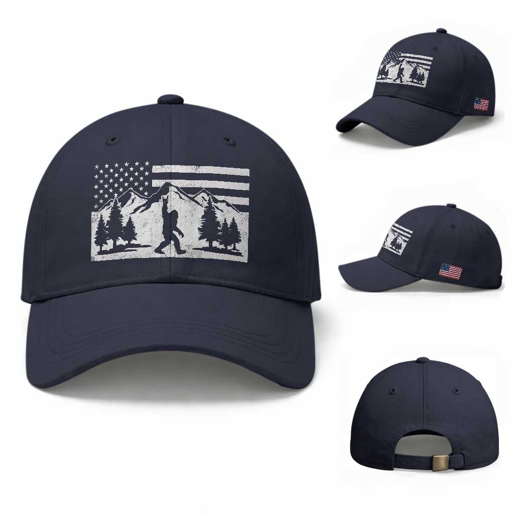 Patriotic Bigfoot American Flag in Forest Baseball Cap