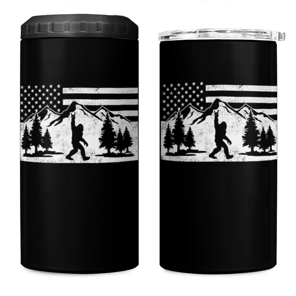 Patriotic Bigfoot American Flag in Forest 4 in 1 Can Cooler Tumbler