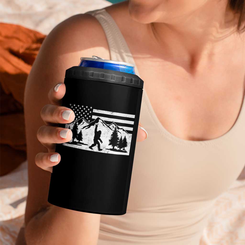 Patriotic Bigfoot American Flag in Forest 4 in 1 Can Cooler Tumbler