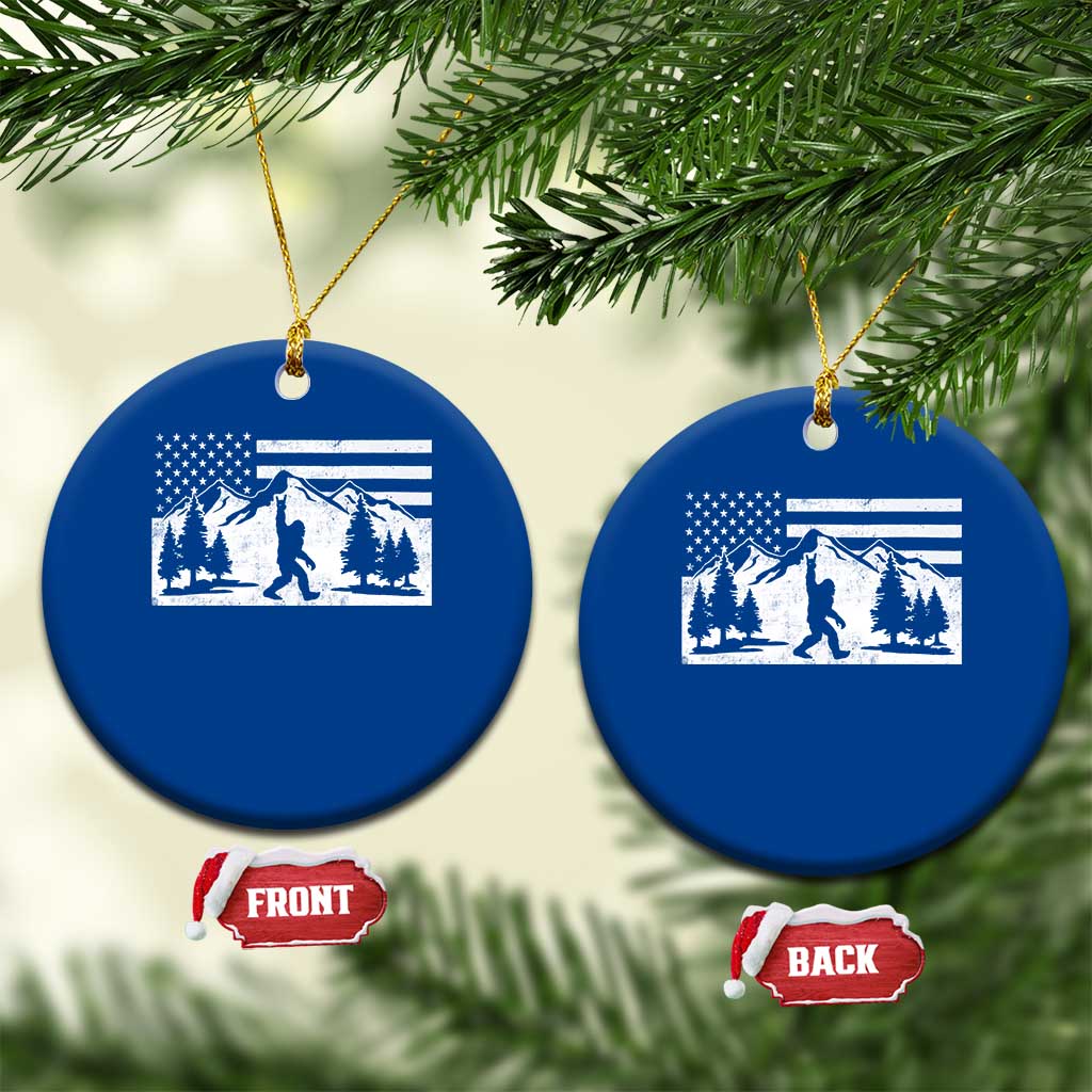 Patriotic Bigfoot American Flag in Forest Ceramic Ornament