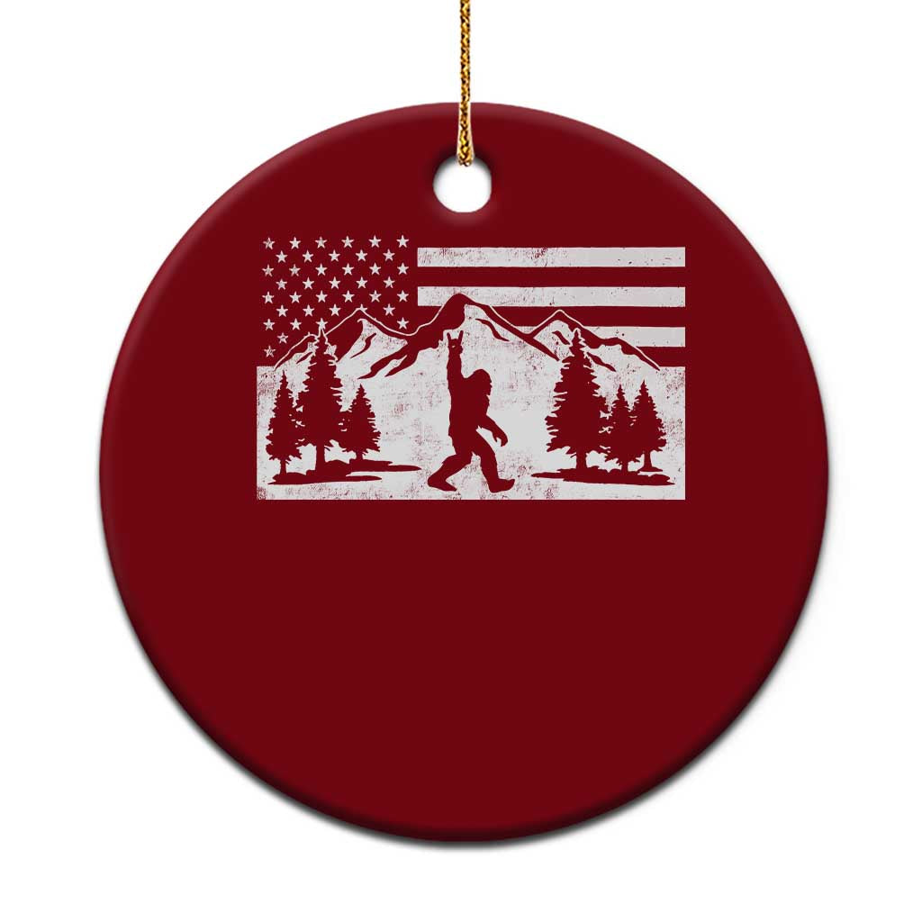 Patriotic Bigfoot American Flag in Forest Ceramic Ornament