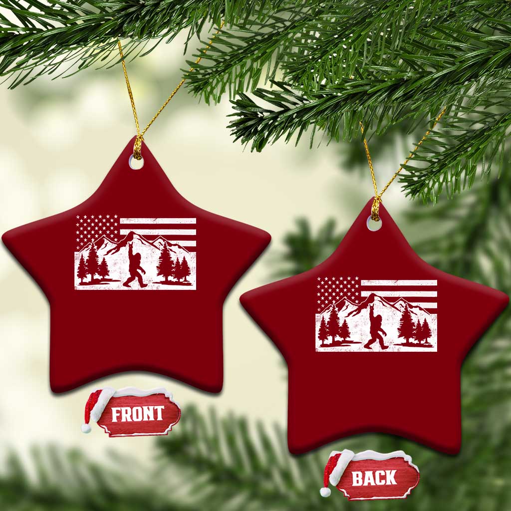 Patriotic Bigfoot American Flag in Forest Ceramic Ornament