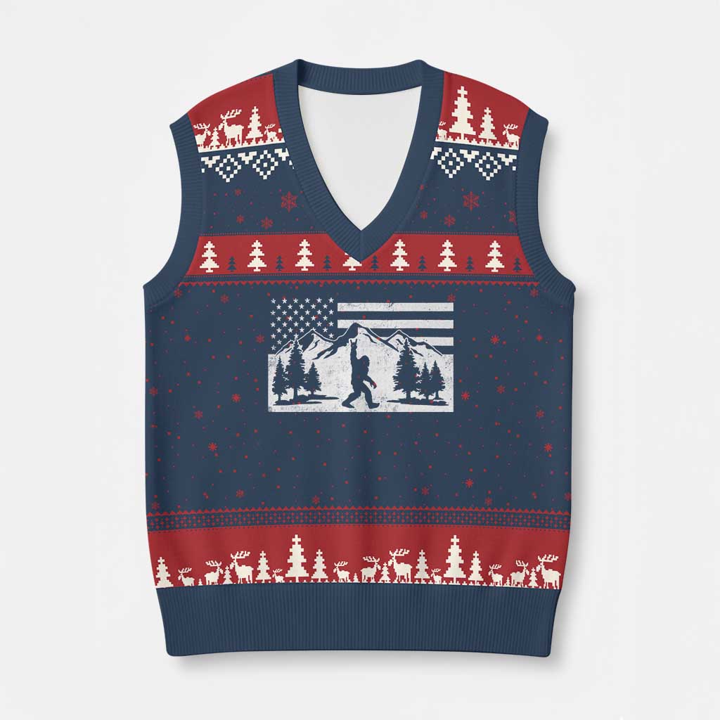 Patriotic Bigfoot American Flag in Forest V-Neck Knit Sweater Vest