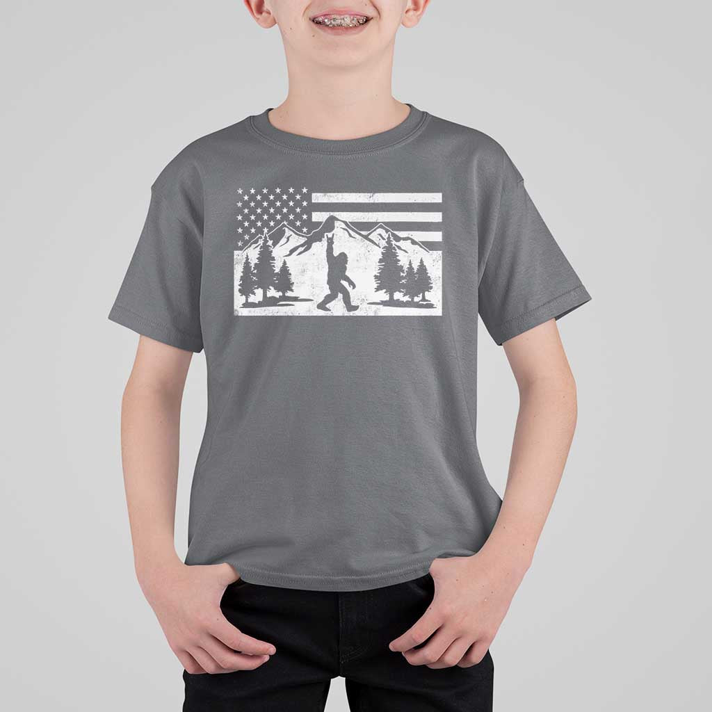 Patriotic Bigfoot American Flag in Forest T Shirt For Kid