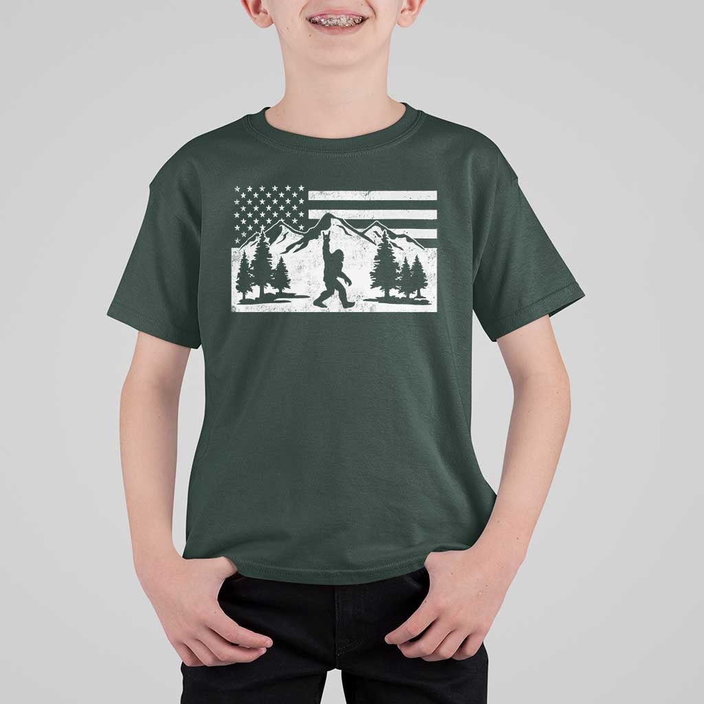 Patriotic Bigfoot American Flag in Forest T Shirt For Kid