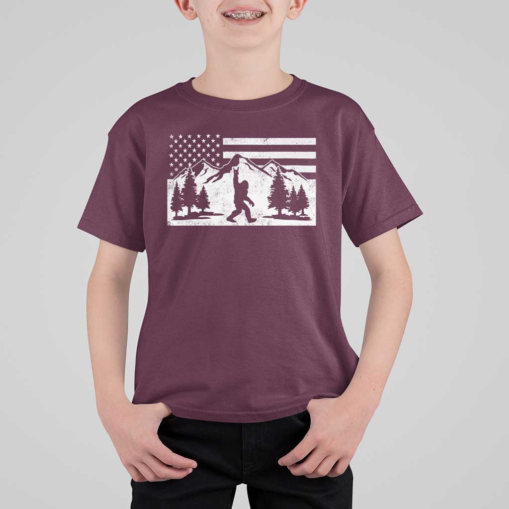 Patriotic Bigfoot American Flag in Forest T Shirt For Kid