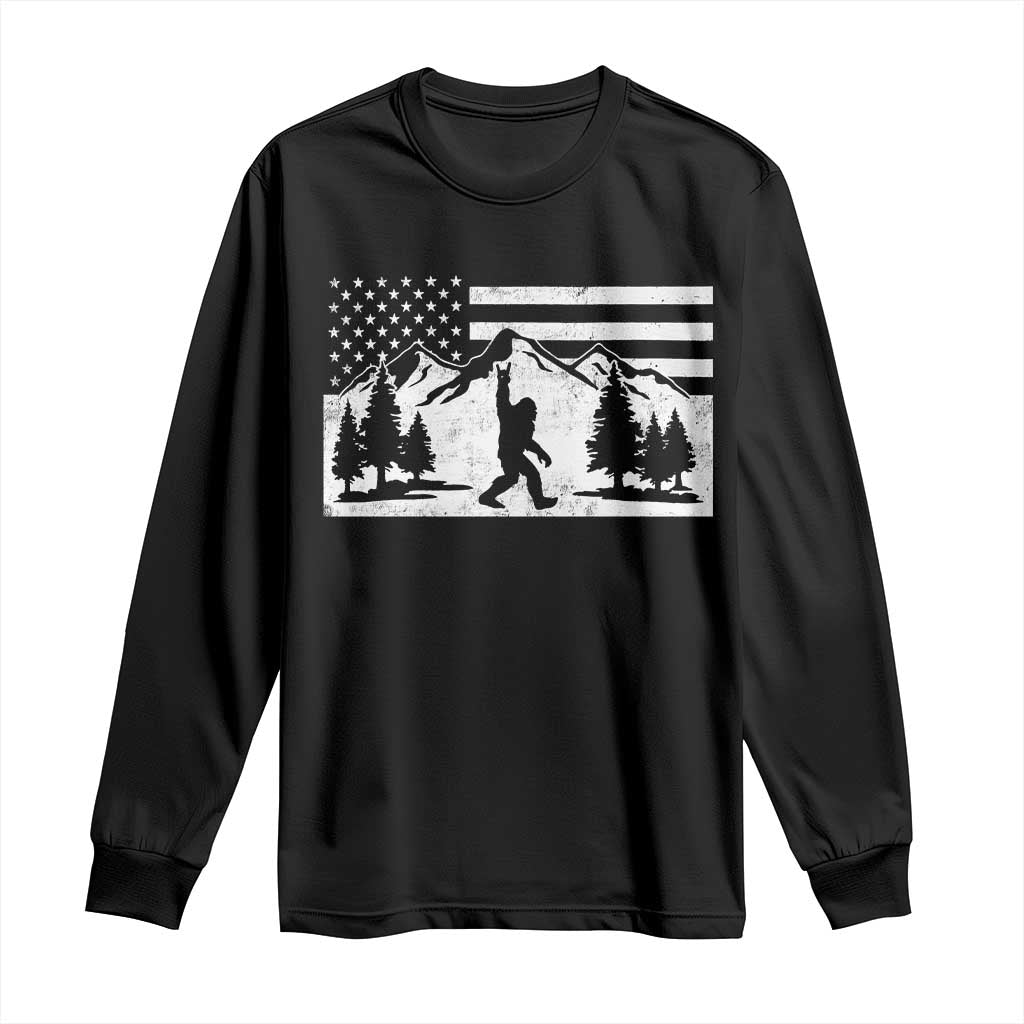 Patriotic Bigfoot American Flag in Forest Long Sleeve Shirt