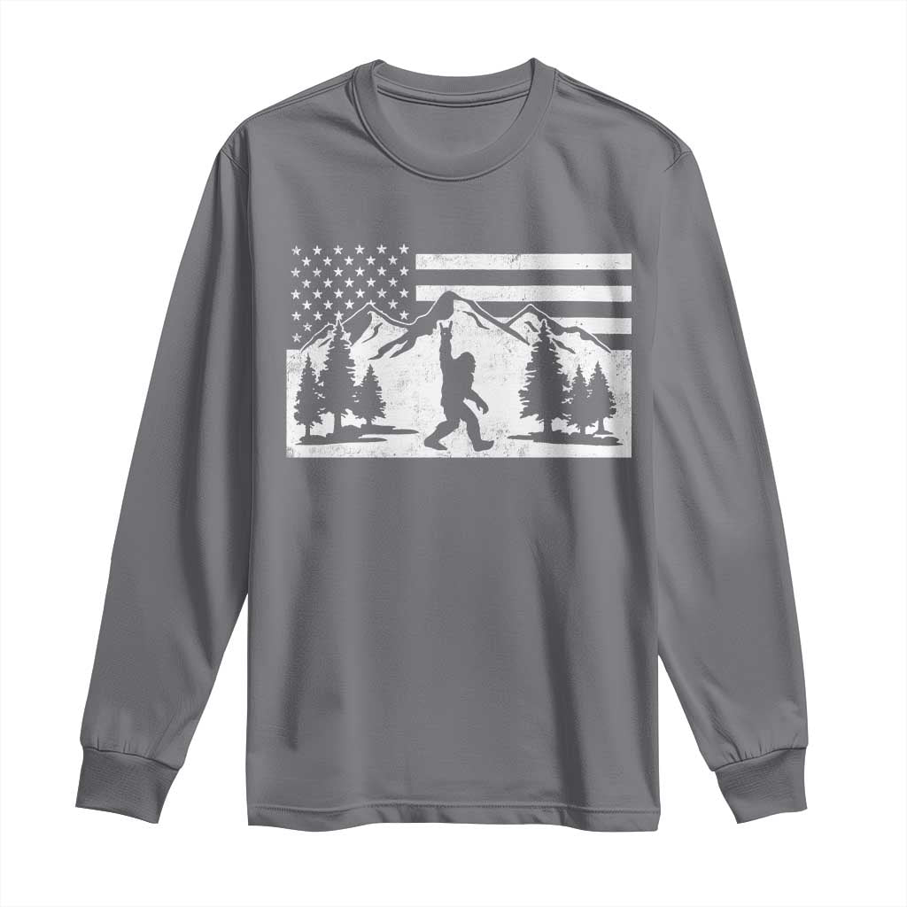 Patriotic Bigfoot American Flag in Forest Long Sleeve Shirt