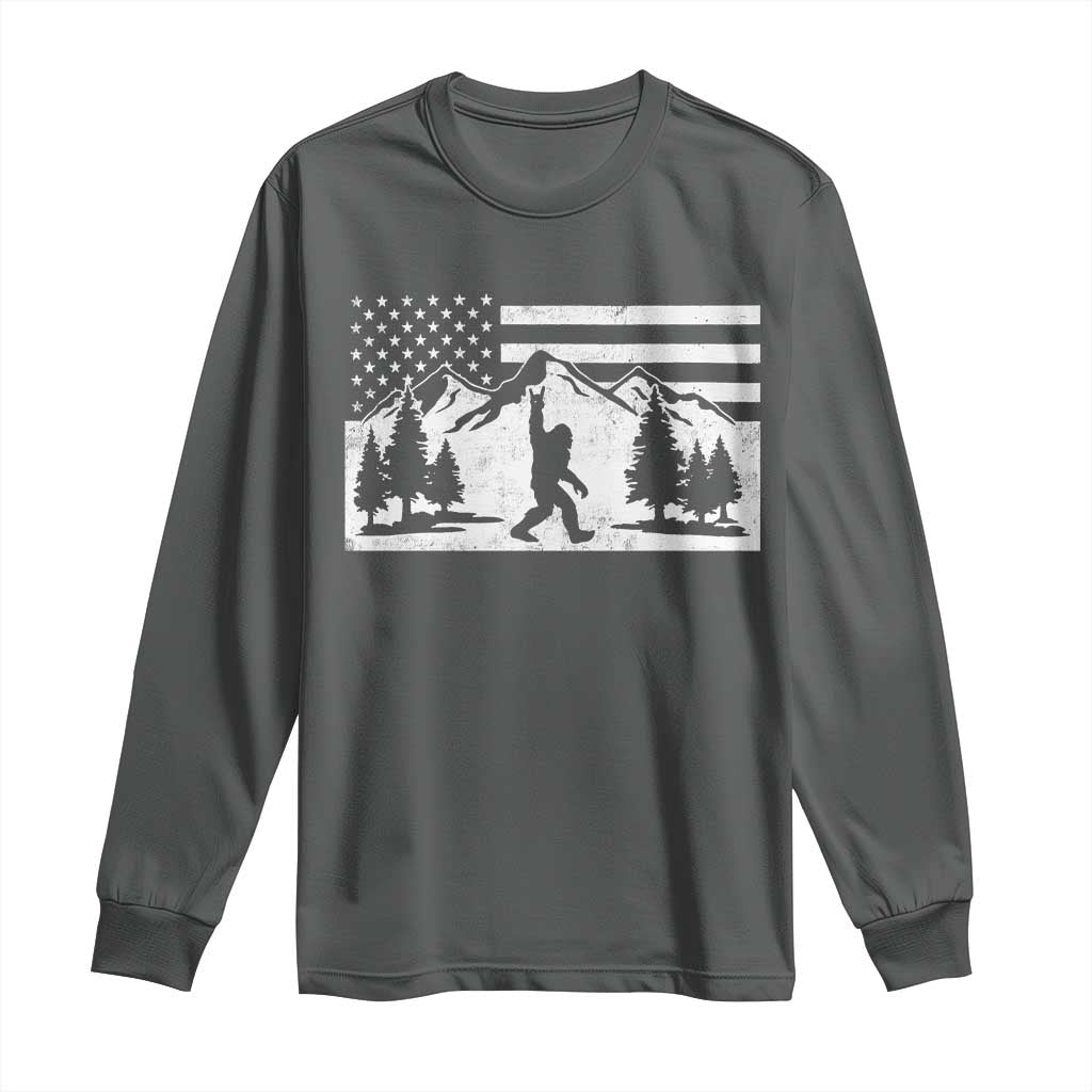 Patriotic Bigfoot American Flag in Forest Long Sleeve Shirt