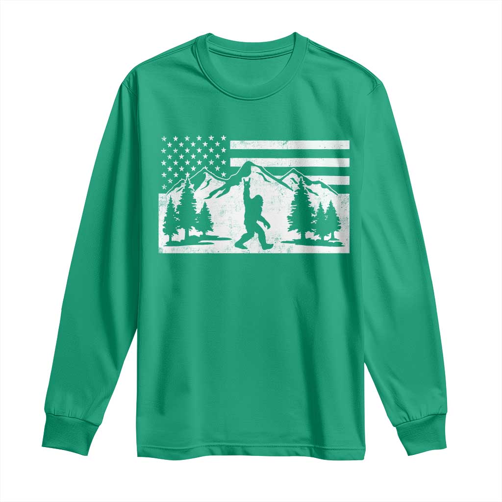 Patriotic Bigfoot American Flag in Forest Long Sleeve Shirt