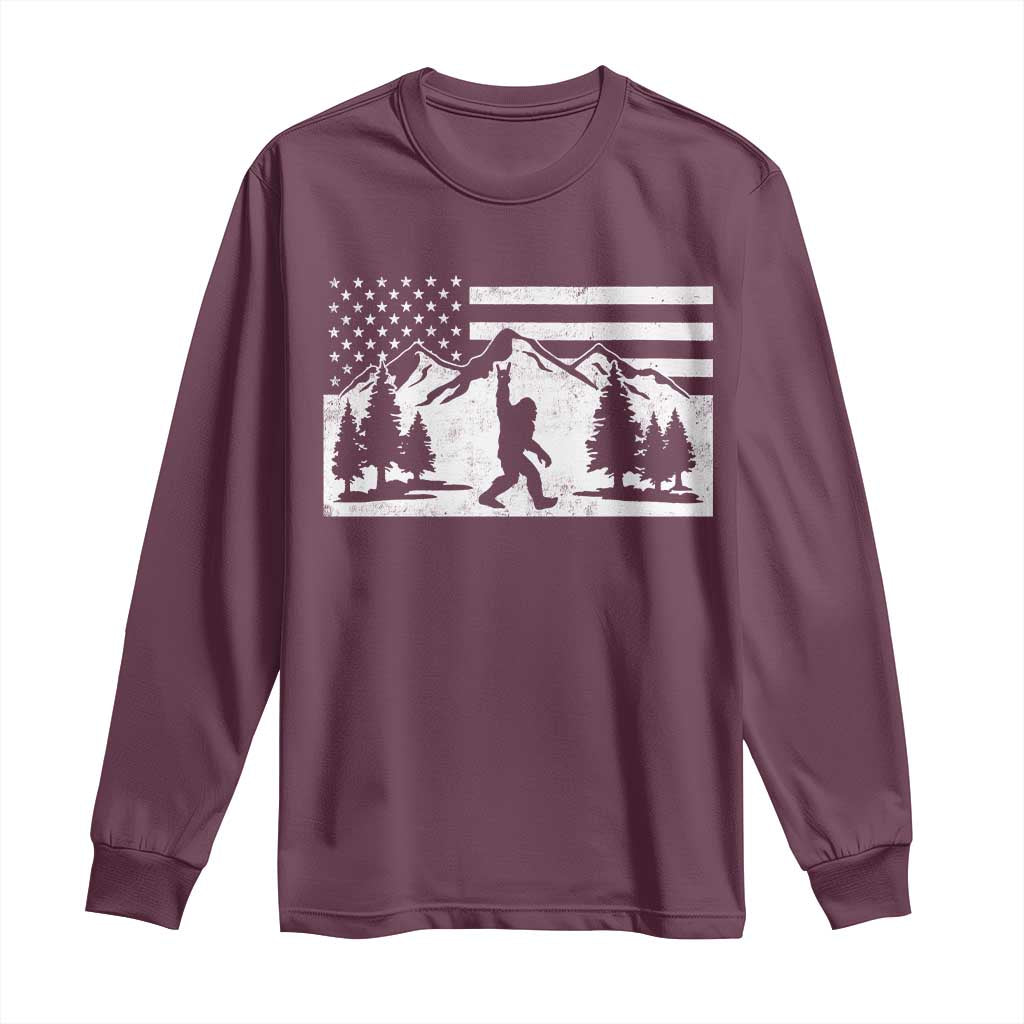Patriotic Bigfoot American Flag in Forest Long Sleeve Shirt