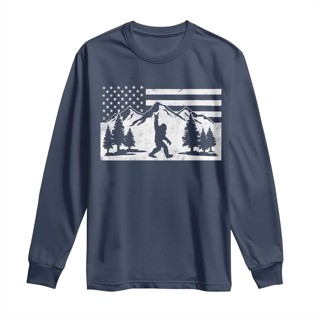 Patriotic Bigfoot American Flag in Forest Long Sleeve Shirt