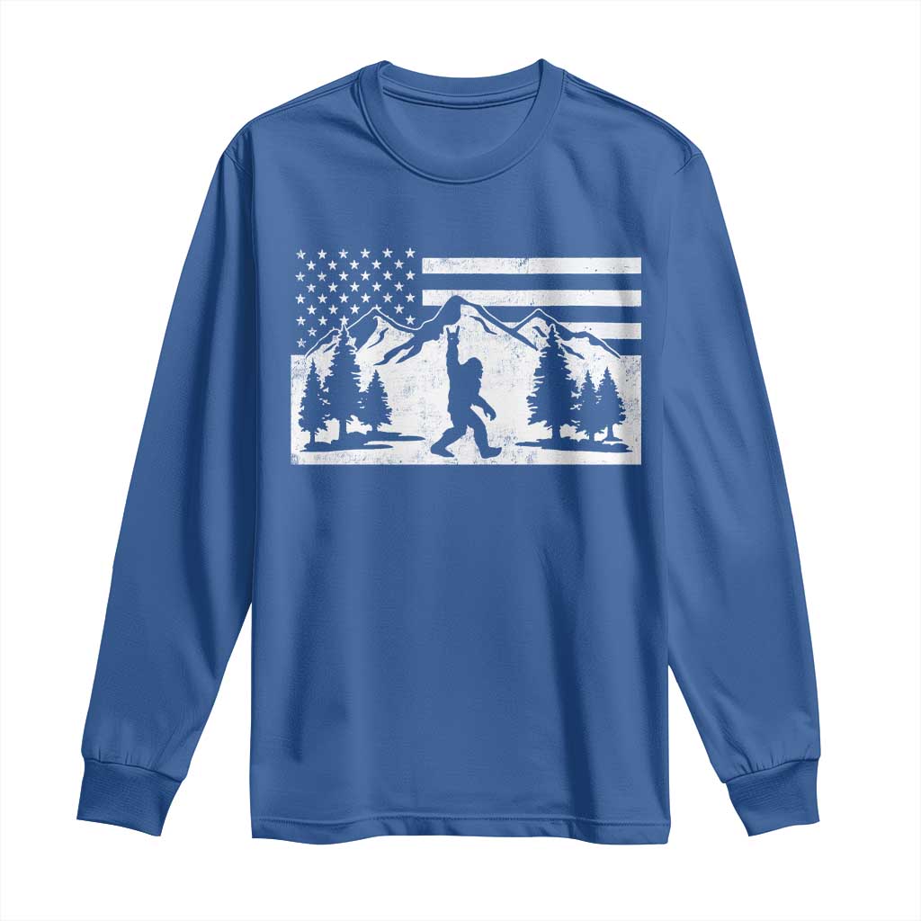 Patriotic Bigfoot American Flag in Forest Long Sleeve Shirt
