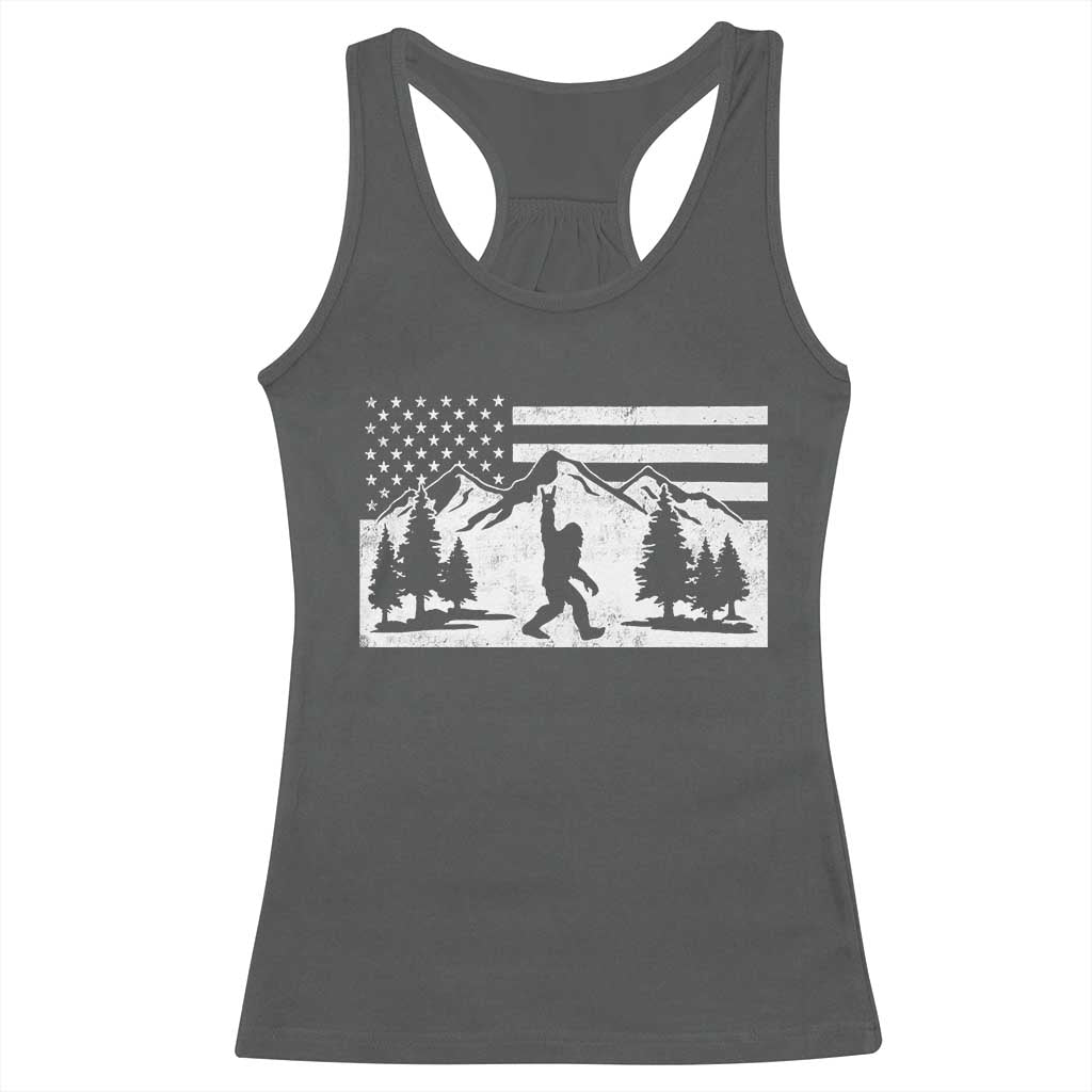 Patriotic Bigfoot American Flag in Forest Racerback Tank Top