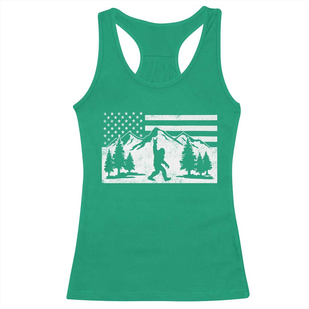 Patriotic Bigfoot American Flag in Forest Racerback Tank Top