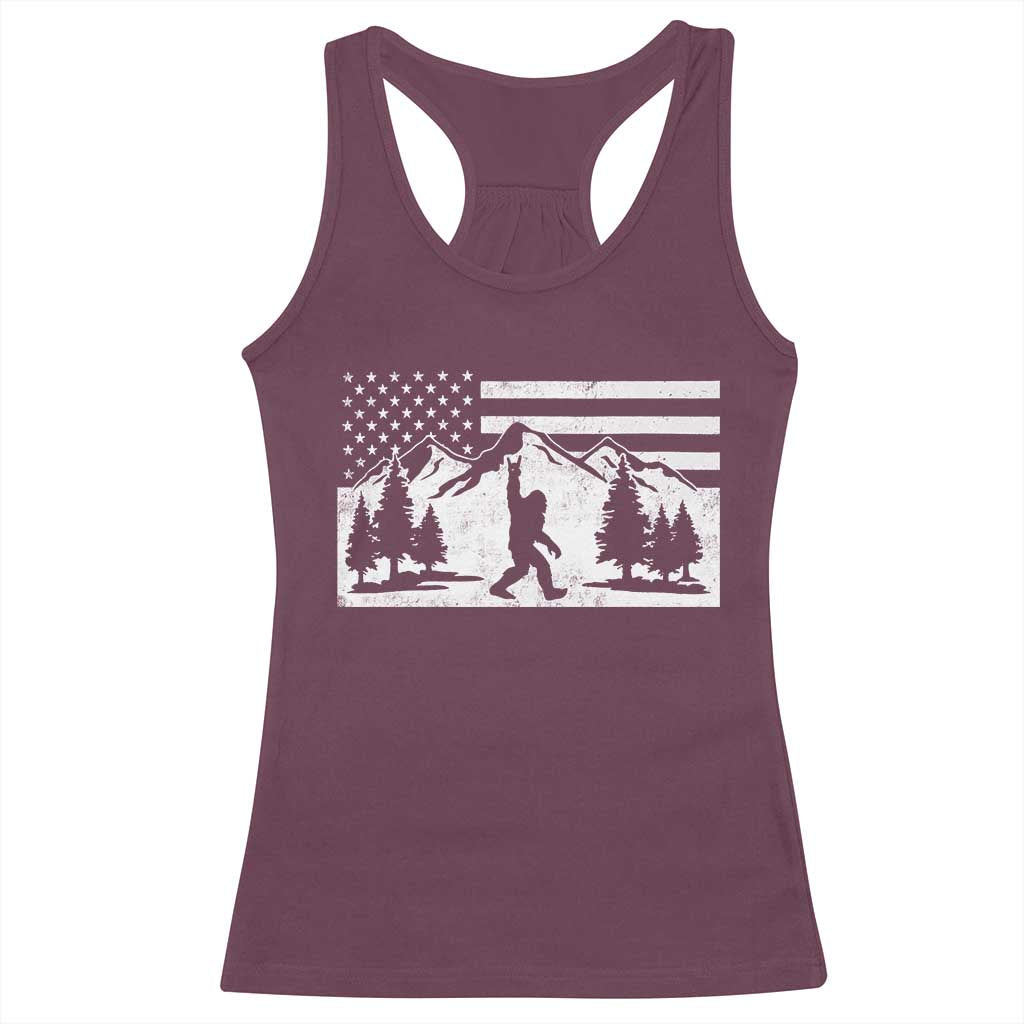 Patriotic Bigfoot American Flag in Forest Racerback Tank Top