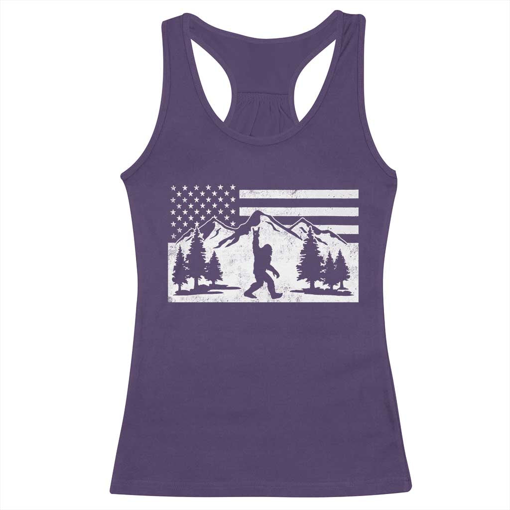 Patriotic Bigfoot American Flag in Forest Racerback Tank Top