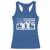 Patriotic Bigfoot American Flag in Forest Racerback Tank Top