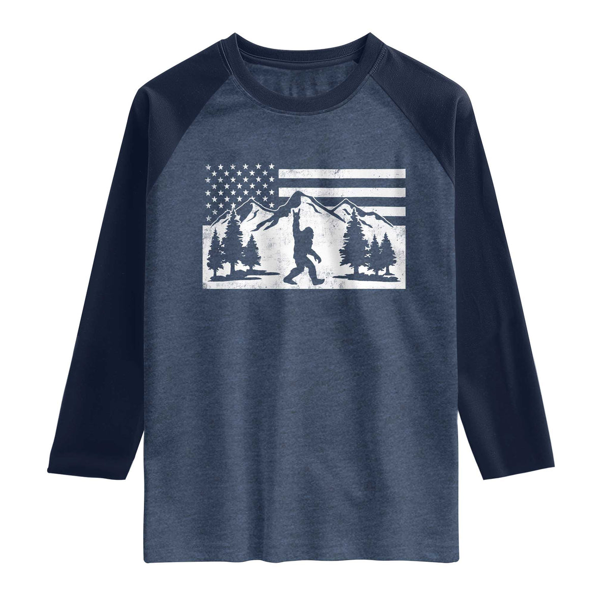 Patriotic Bigfoot American Flag in Forest Raglan Shirt