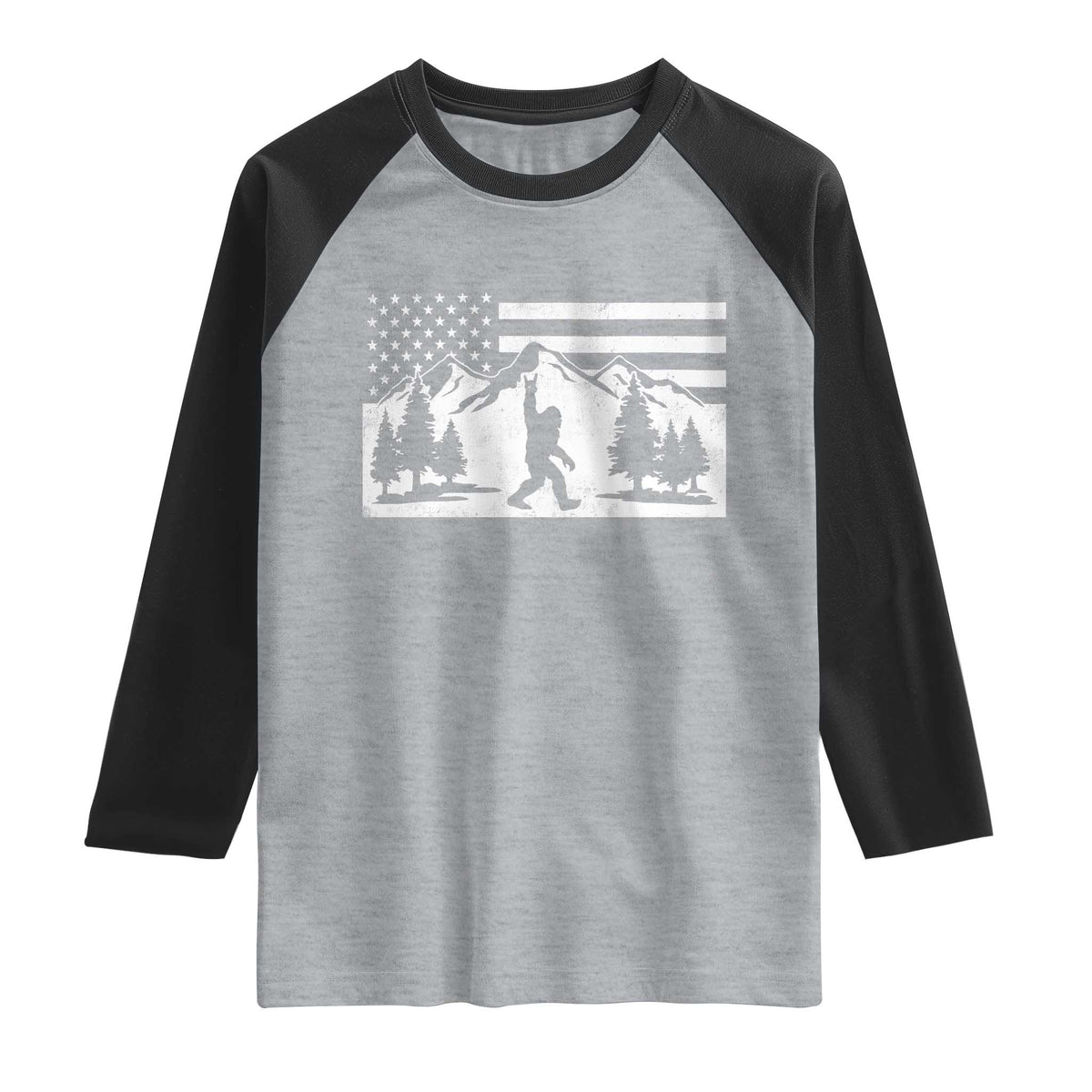 Patriotic Bigfoot American Flag in Forest Raglan Shirt
