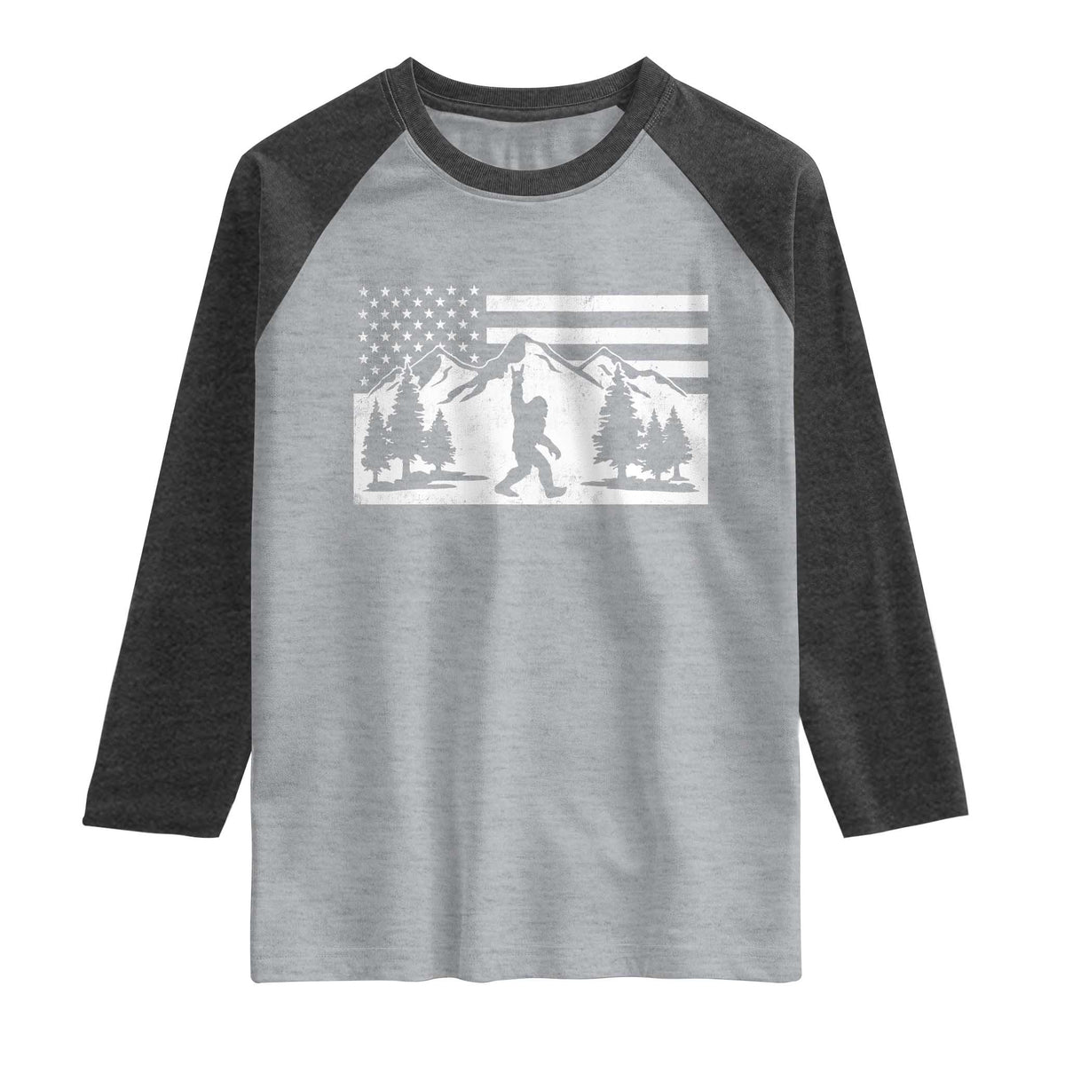 Patriotic Bigfoot American Flag in Forest Raglan Shirt