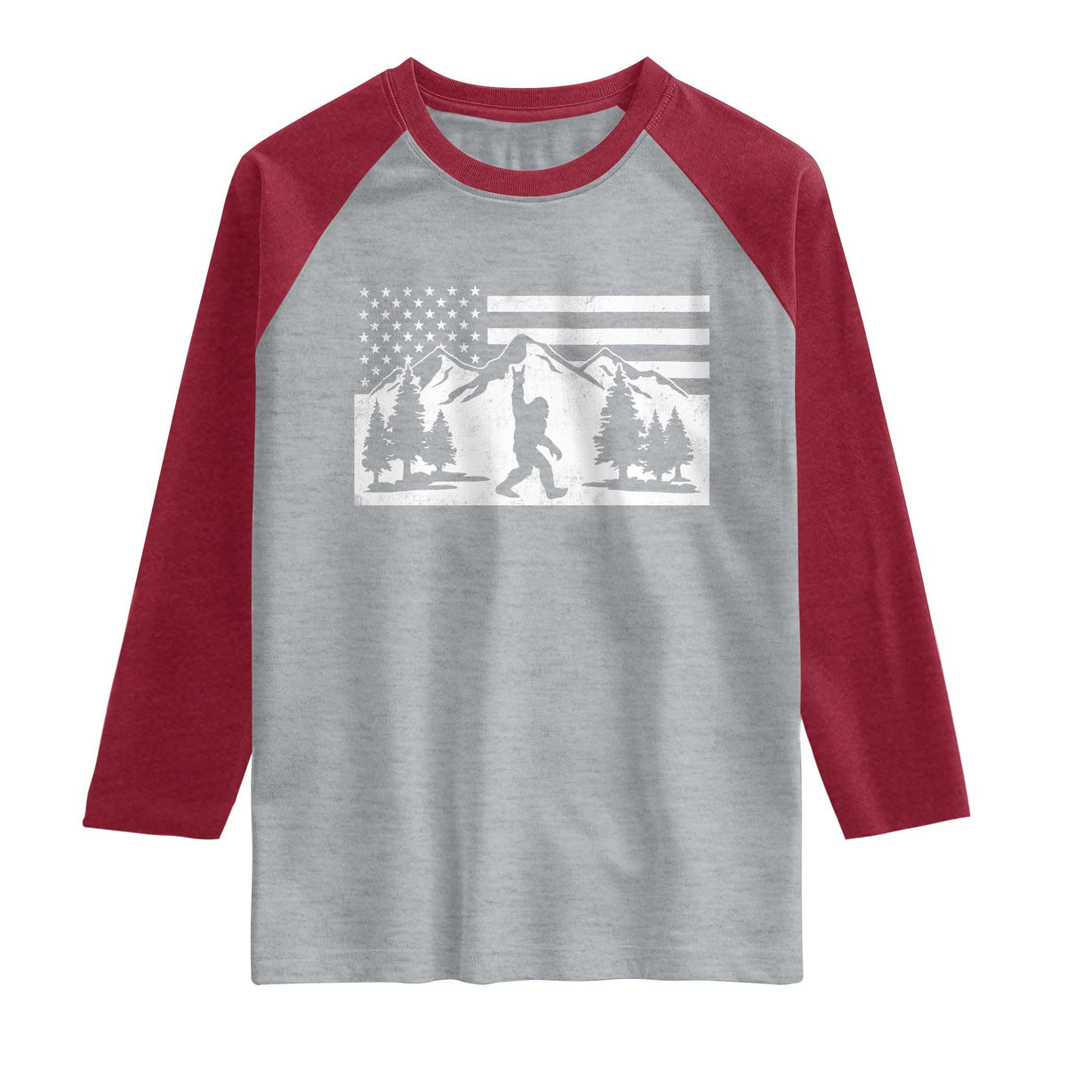 Patriotic Bigfoot American Flag in Forest Raglan Shirt