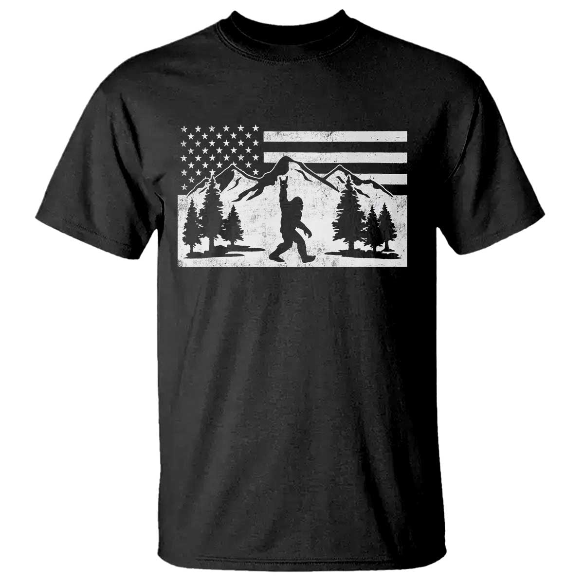 Patriotic Bigfoot American Flag in Forest T Shirt