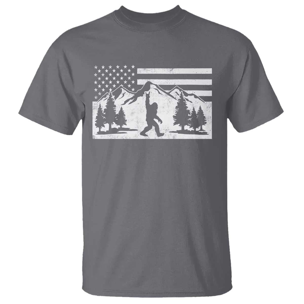 Patriotic Bigfoot American Flag in Forest T Shirt