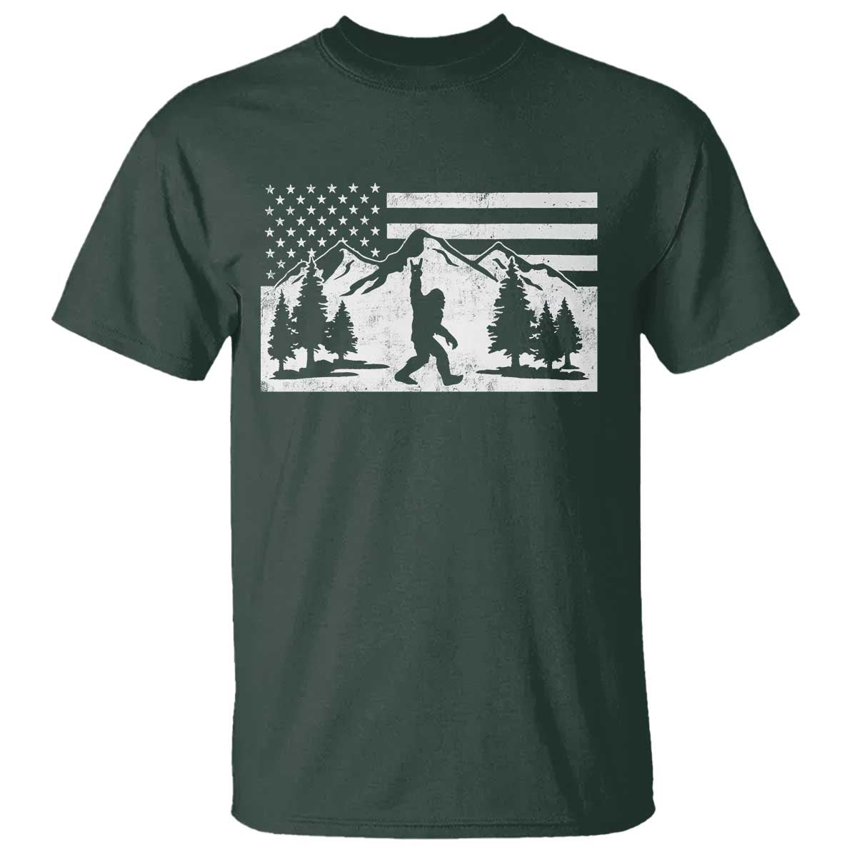 Patriotic Bigfoot American Flag in Forest T Shirt