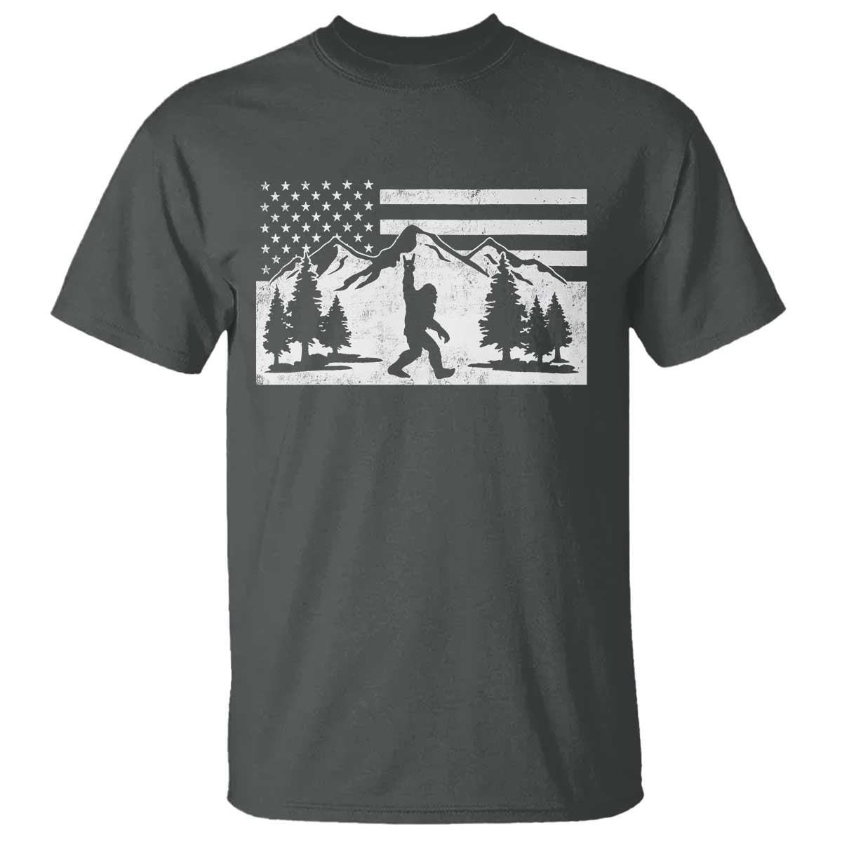Patriotic Bigfoot American Flag in Forest T Shirt