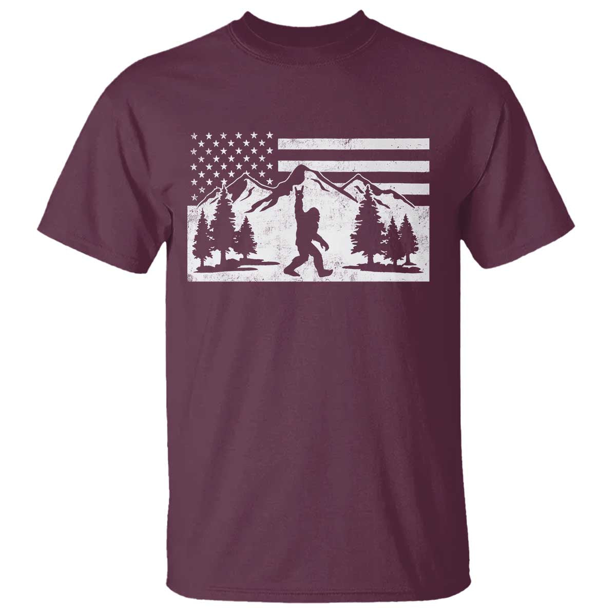 Patriotic Bigfoot American Flag in Forest T Shirt