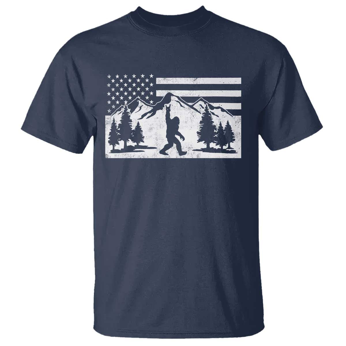 Patriotic Bigfoot American Flag in Forest T Shirt