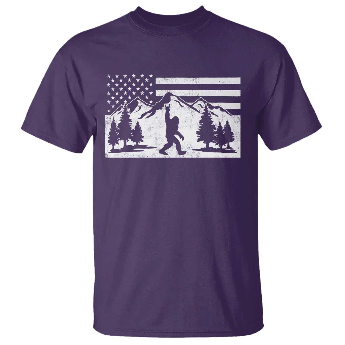 Patriotic Bigfoot American Flag in Forest T Shirt