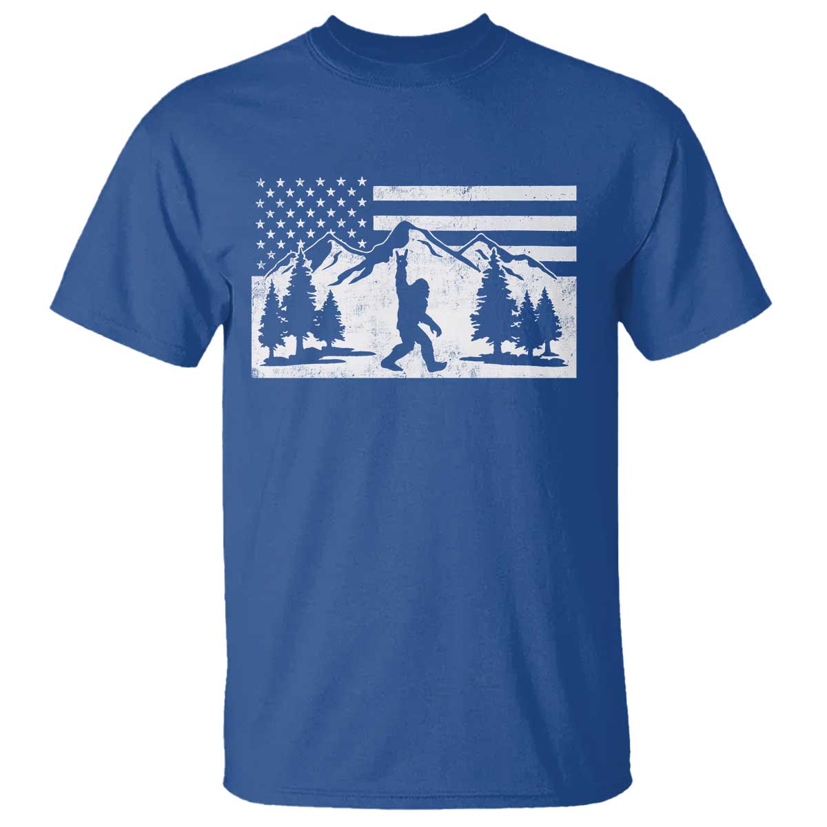 Patriotic Bigfoot American Flag in Forest T Shirt