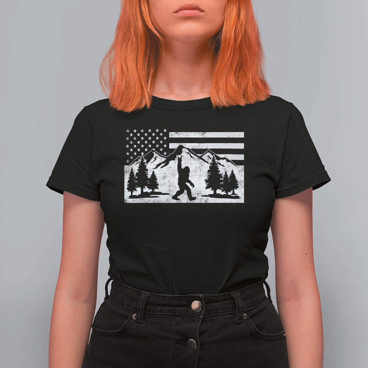 Patriotic Bigfoot American Flag in Forest T Shirt For Women