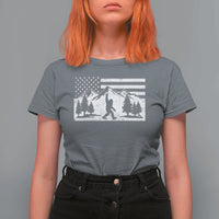 Patriotic Bigfoot American Flag in Forest T Shirt For Women
