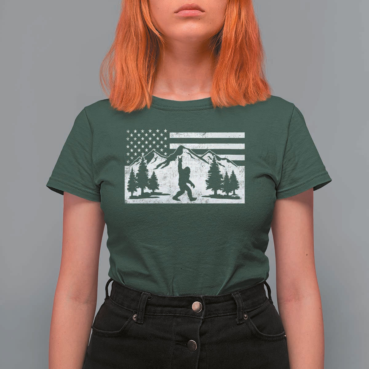 Patriotic Bigfoot American Flag in Forest T Shirt For Women