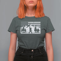 Patriotic Bigfoot American Flag in Forest T Shirt For Women