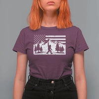 Patriotic Bigfoot American Flag in Forest T Shirt For Women