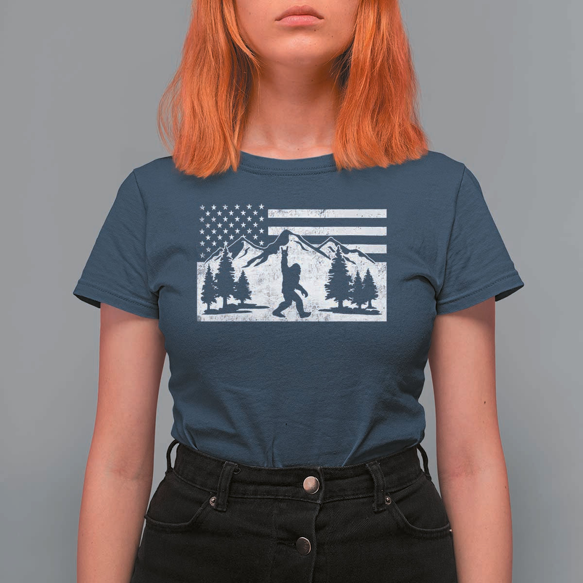 Patriotic Bigfoot American Flag in Forest T Shirt For Women