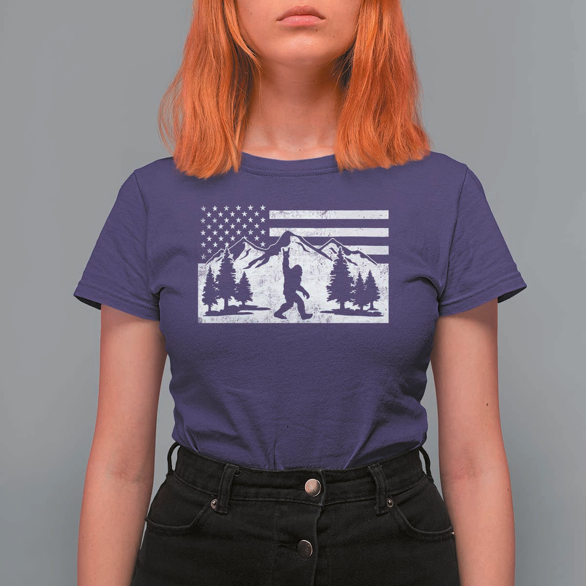 Patriotic Bigfoot American Flag in Forest T Shirt For Women