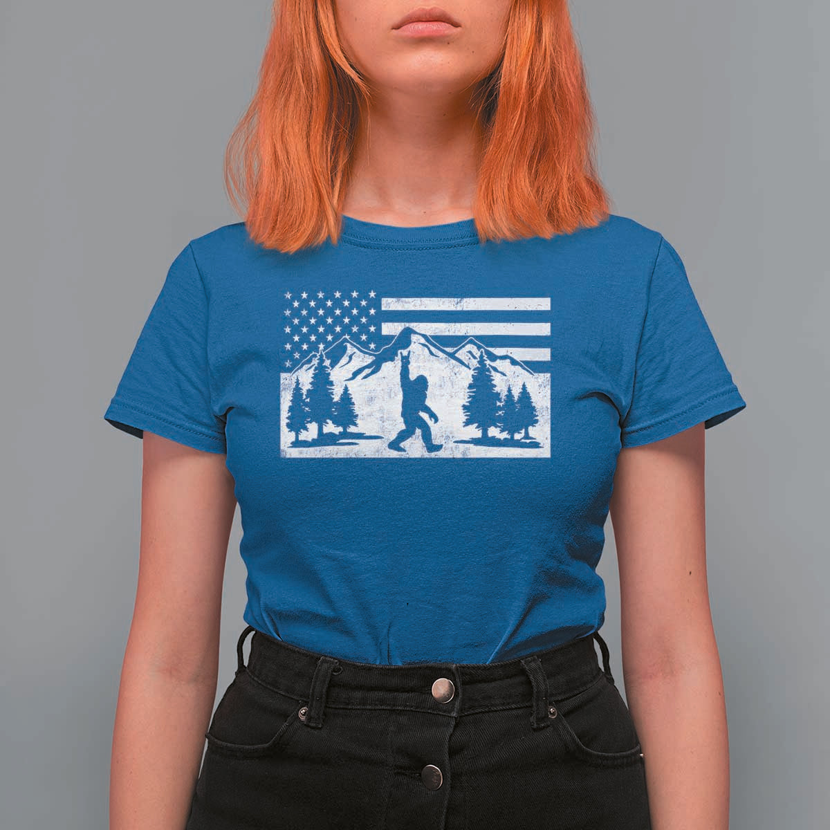 Patriotic Bigfoot American Flag in Forest T Shirt For Women
