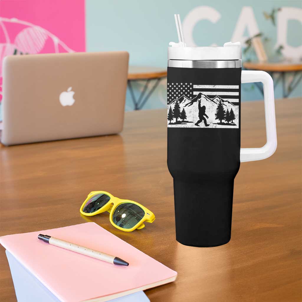 Patriotic Bigfoot American Flag in Forest Tumbler With Handle