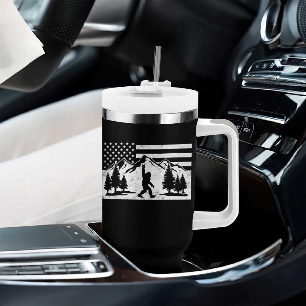 Patriotic Bigfoot American Flag in Forest Tumbler With Handle