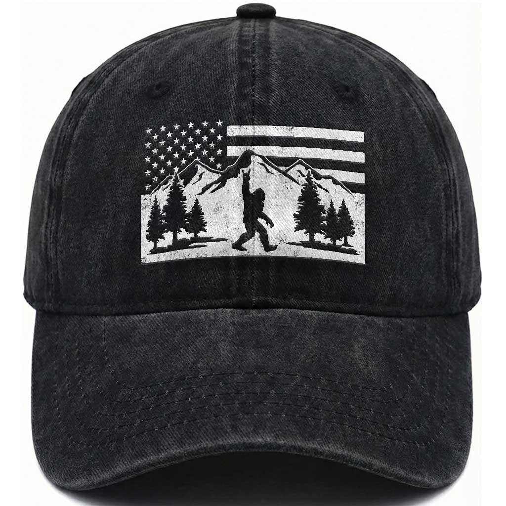 Patriotic Bigfoot American Flag in Forest Washed Cotton Baseball Cap