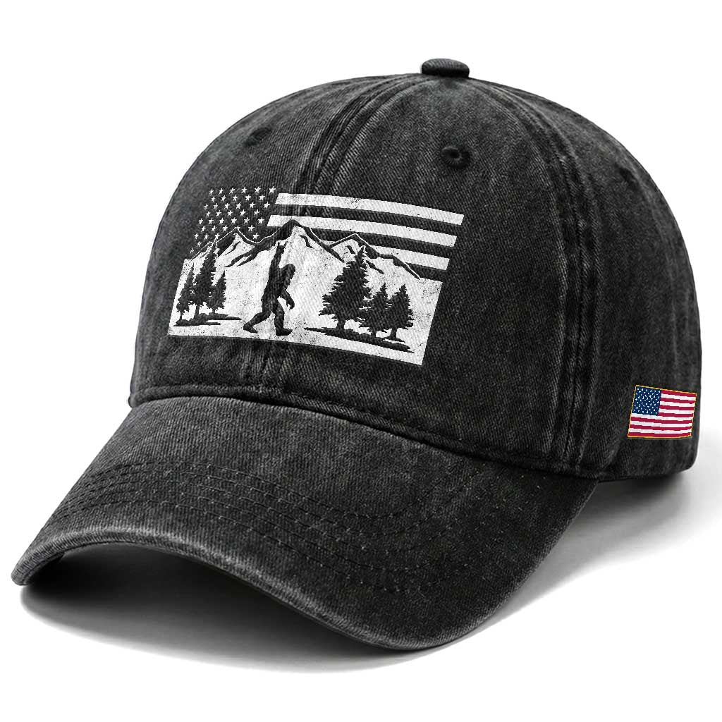 Patriotic Bigfoot American Flag in Forest Washed Cotton Baseball Cap