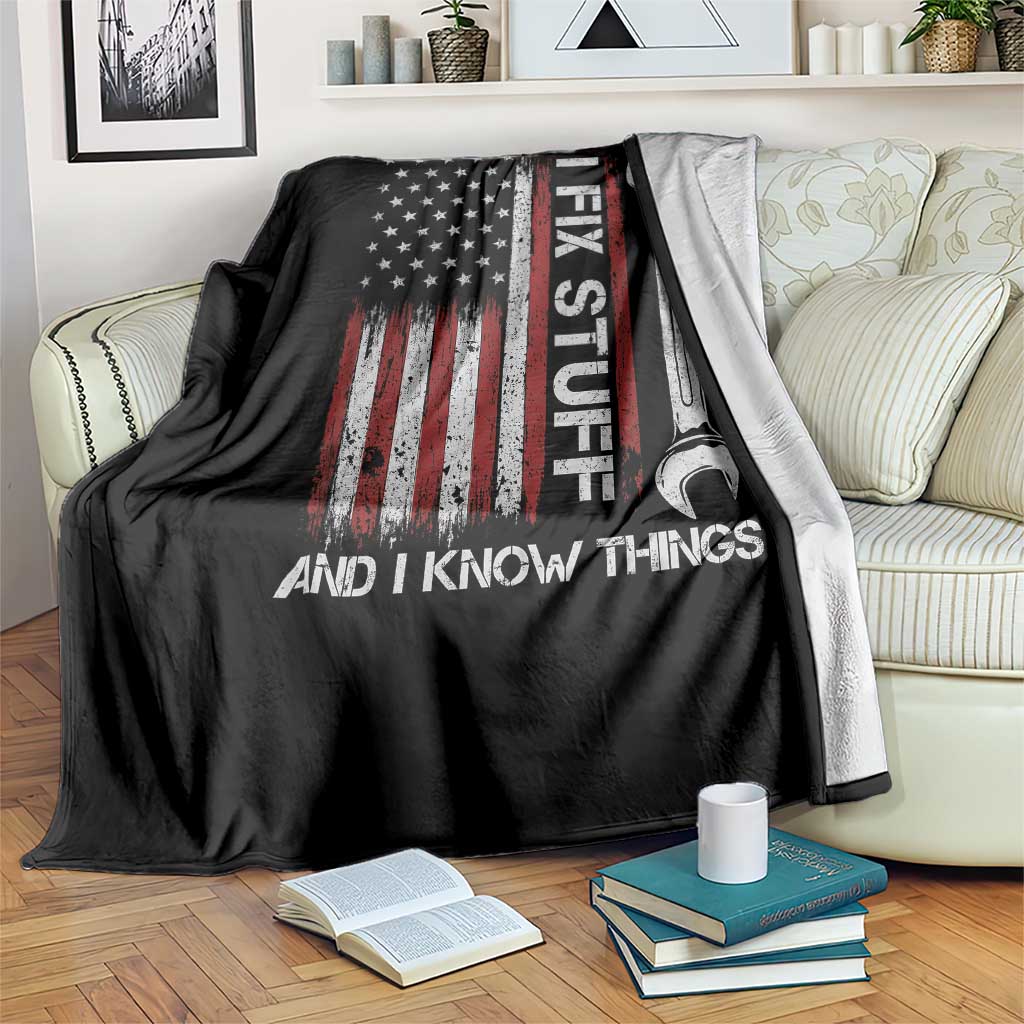 Thats What I Do I Fix Stuff And I Know Things Throw Blanket Funny Mechanic Engineer Vintage American Flag