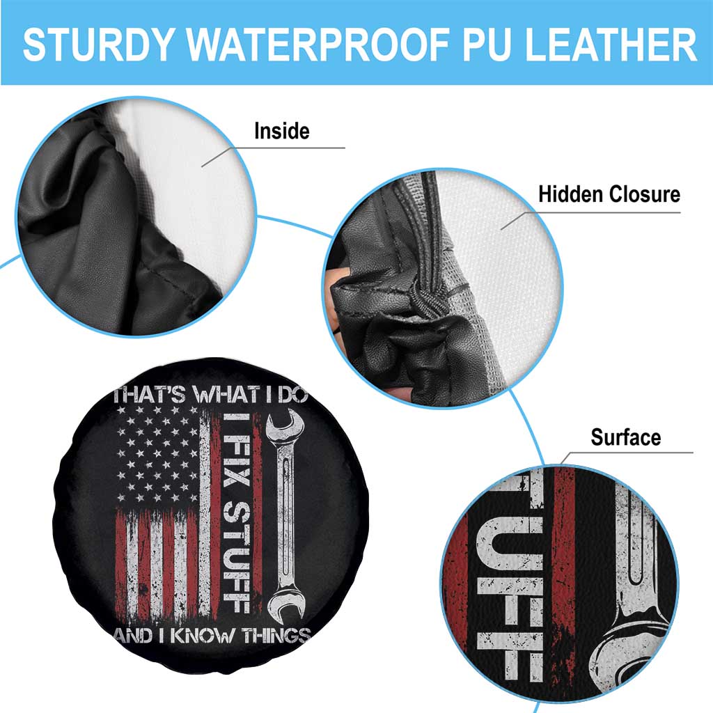 Thats What I Do I Fix Stuff And I Know Things Spare Tire Cover Funny Mechanic Engineer Vintage American Flag
