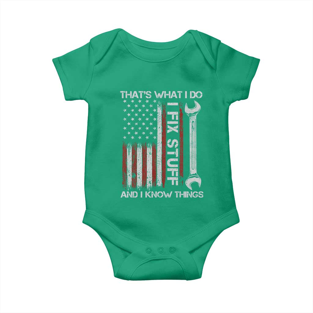 Thats What I Do I Fix Stuff And I Know Things Baby Onesie Funny Mechanic Engineer Vintage American Flag
